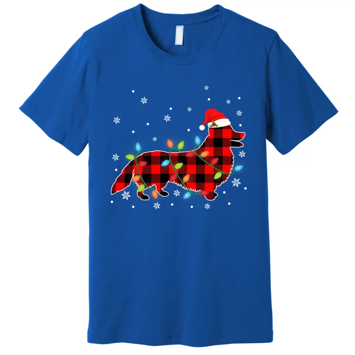 Xmas Corgi Dog Red Plaid Christmas Lights Gift Premium T-Shirt