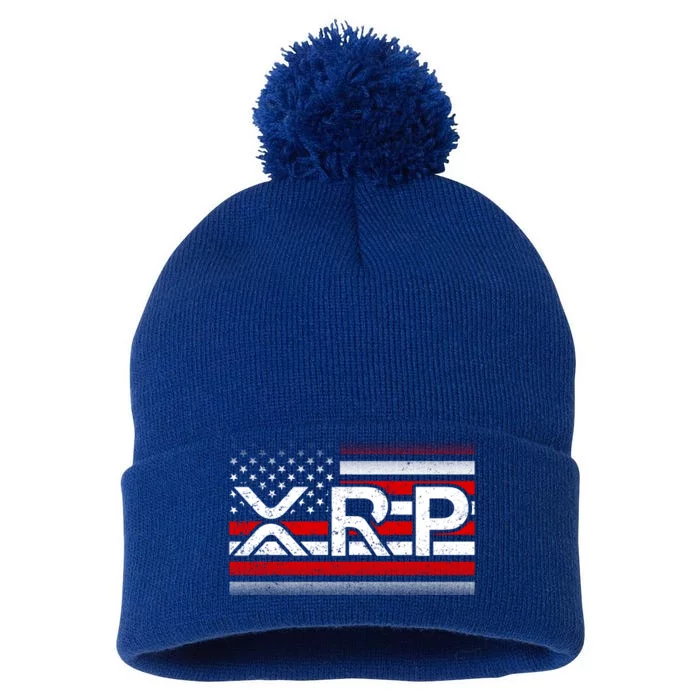 XRP Cryptocurrency Distressed USA American Flag Pom Pom 12in Knit Beanie