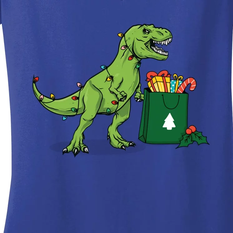 Xmas Christmas Lights Pine Tree Wild Animal T Rex Dinosaur Gift Women's V-Neck T-Shirt