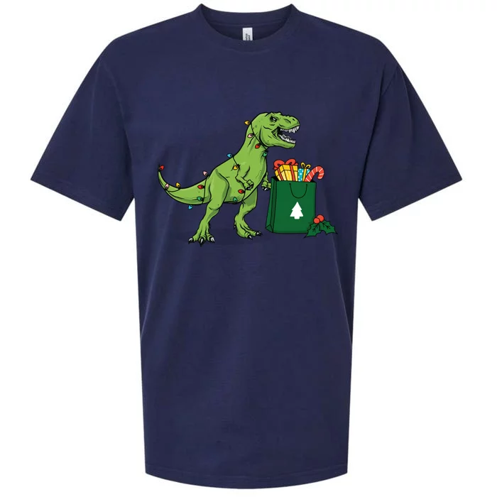 Xmas Christmas Lights Pine Tree Wild Animal T Rex Dinosaur Gift Sueded Cloud Jersey T-Shirt