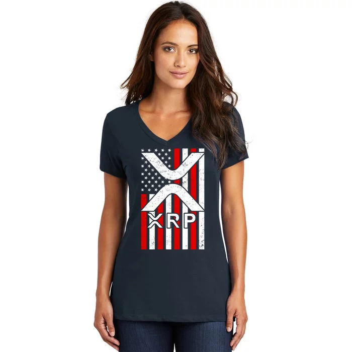 XRP Cryptocurrency USA American Flag Women's V-Neck T-Shirt