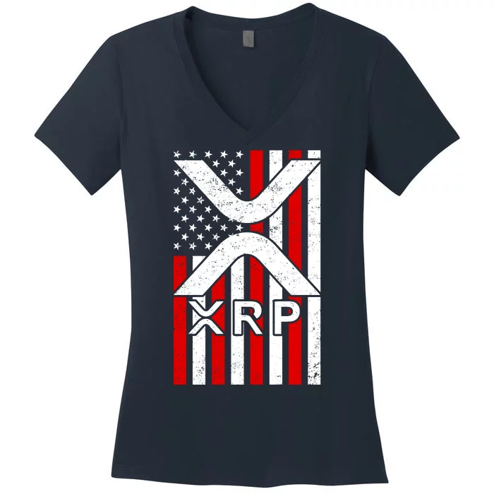 XRP Cryptocurrency USA American Flag Women's V-Neck T-Shirt