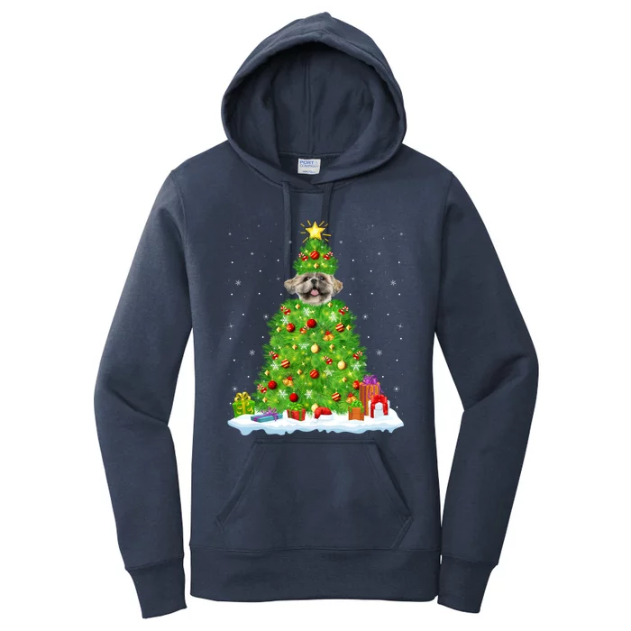 Xmas Decorations Lights Santa Shih Tzu Dog Christmas Tree Gift Women's Pullover Hoodie