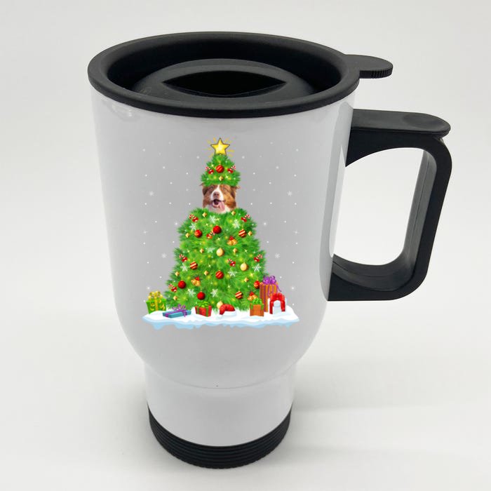 Xmas Decoration Santa Australian Shepherd Dog Christmas Tree Cute Gift Front & Back Stainless Steel Travel Mug