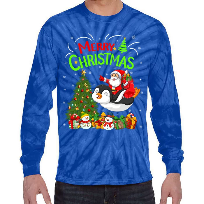 Xmas Decorations Tree Lights Santa Riding Penguin Christmas Gift Tie-Dye Long Sleeve Shirt