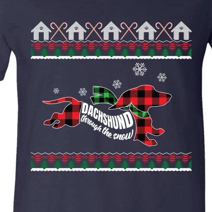 Xmas Dachshund With Scarf Dashing Through The Snow V-Neck T-Shirt