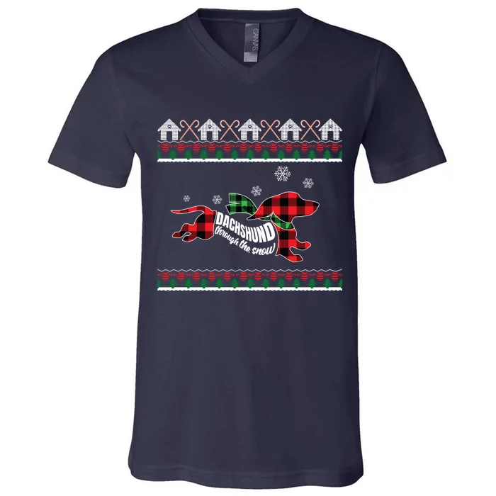 Xmas Dachshund With Scarf Dashing Through The Snow V-Neck T-Shirt