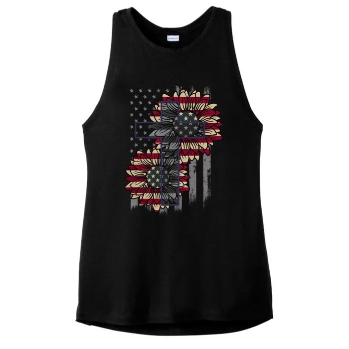 Xv2 Faith Sunflower Christian Cross America Flag Gift Ladies Tri-Blend Wicking Tank