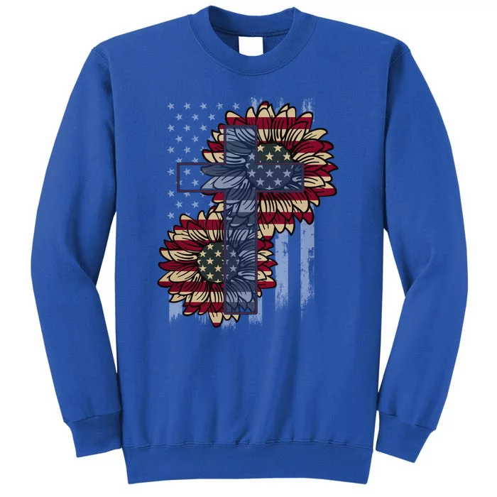 Xv2 Faith Sunflower Christian Cross America Flag Gift Tall Sweatshirt