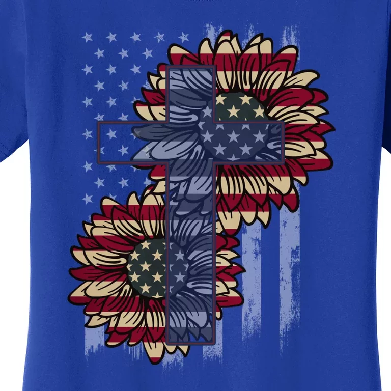 Xv2 Faith Sunflower Christian Cross America Flag Gift Women's T-Shirt