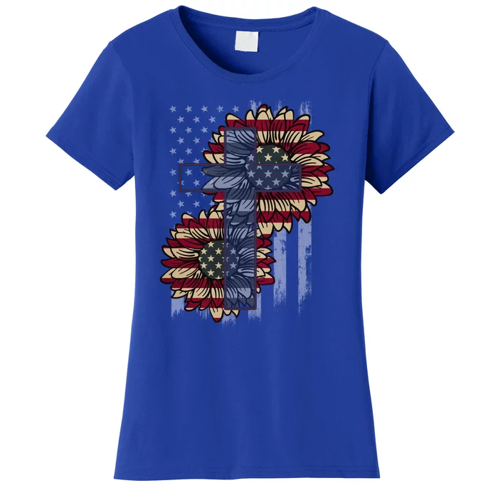 Xv2 Faith Sunflower Christian Cross America Flag Gift Women's T-Shirt