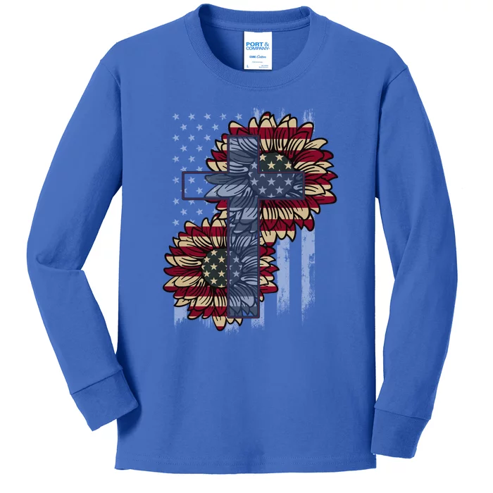 Xv2 Faith Sunflower Christian Cross America Flag Gift Kids Long Sleeve Shirt