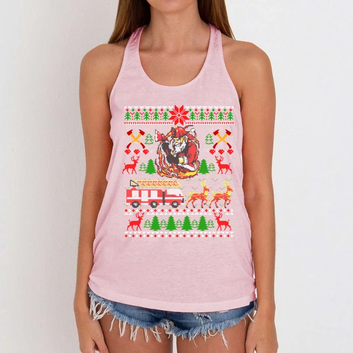 Xmas Firefighter Santa Lover Fire Truck Fire Ugly Sweater Gift Women's Knotted Racerback Tank