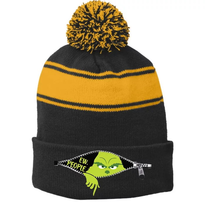 Xmas Grinch Green Color Saying Ew People Christmas Stripe Pom Pom Beanie