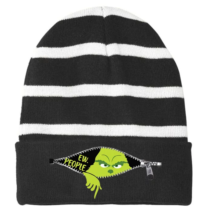 Xmas Grinch Green Color Saying Ew People Christmas Striped Beanie with Solid Band