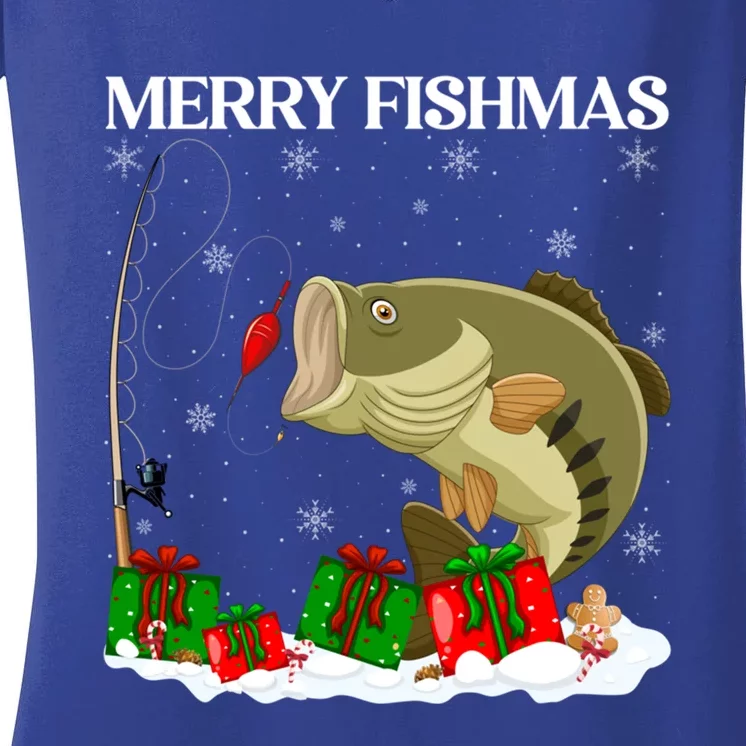 Xmas Holiday Fish Fishing Fishmas Bass Fish Merry Christmas Funny Gift Women's V-Neck T-Shirt