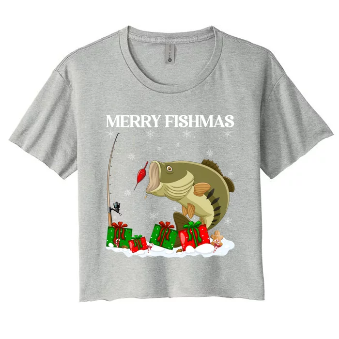 Xmas Holiday Fish Fishing Fishmas Bass Fish Merry Christmas Funny Gift Women's Crop Top Tee