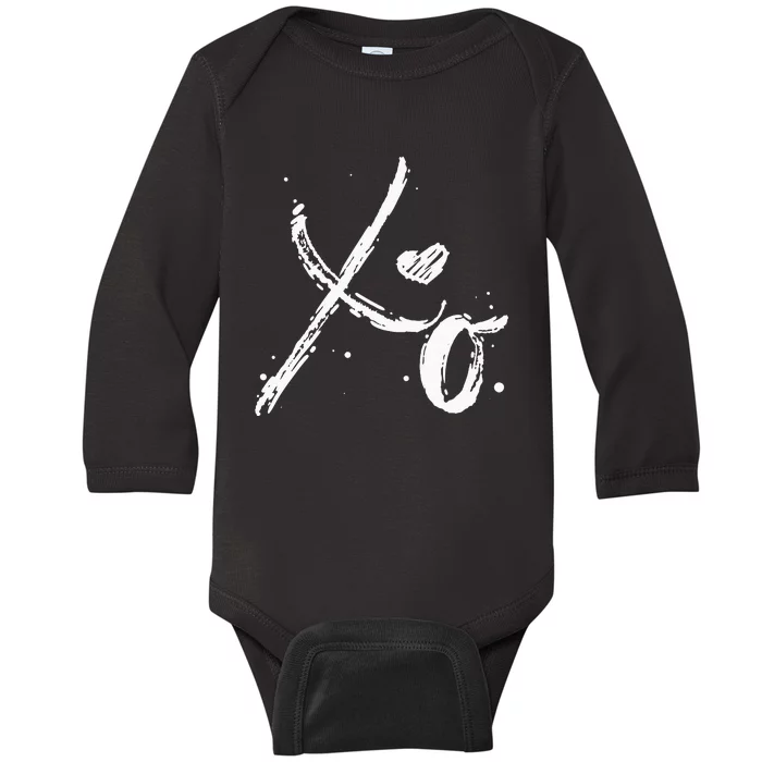 XO Hugs & Kisses Valentines Distressed Heart Love Baby Long Sleeve Bodysuit