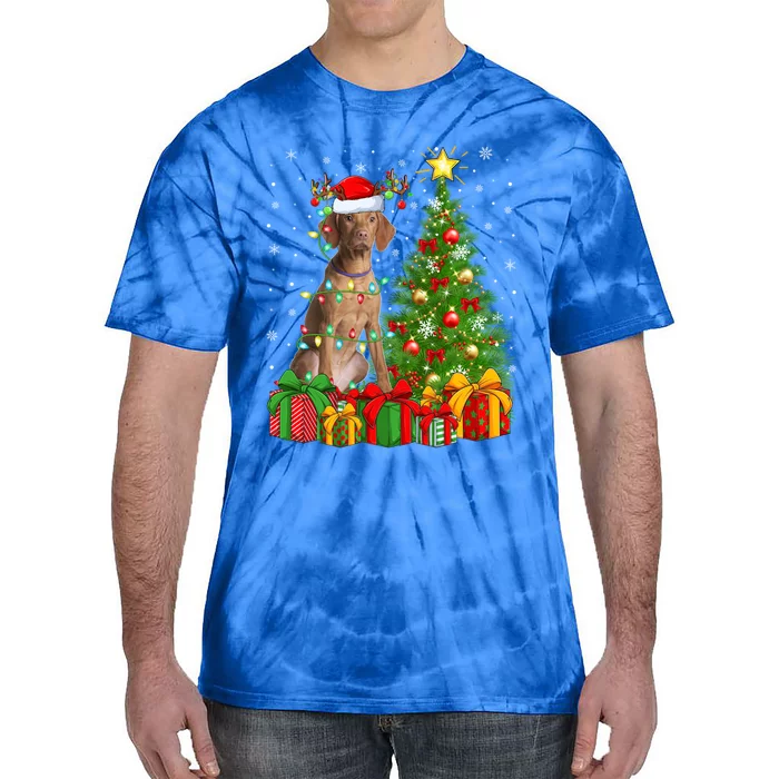 Xmas Holiday Lights Santa Vizsla Dog Christmas Tree Gift Tie-Dye T-Shirt