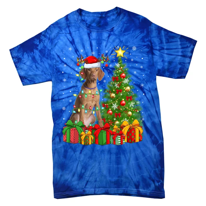 Xmas Holiday Lights Santa Vizsla Dog Christmas Tree Gift Tie-Dye T-Shirt