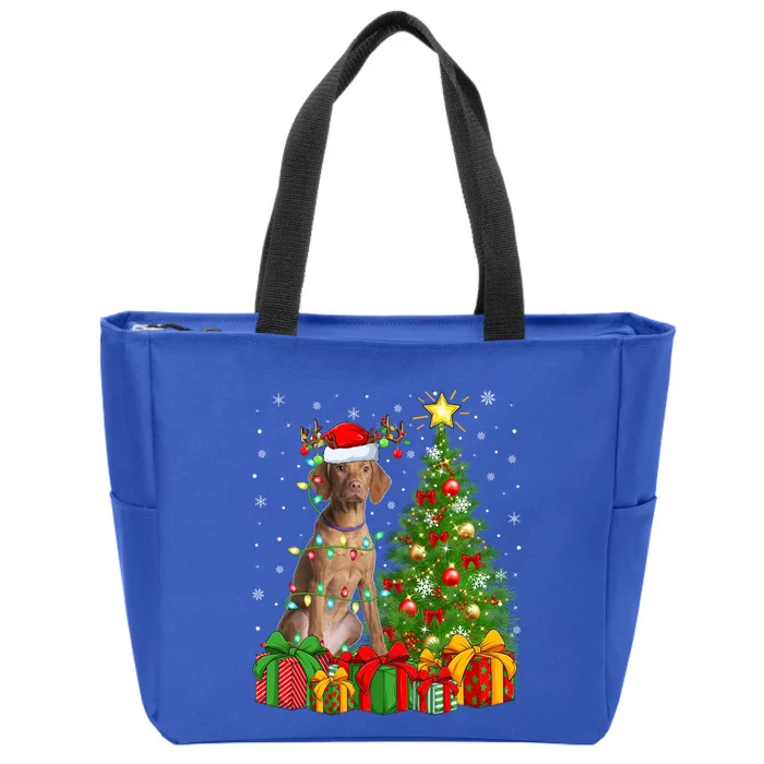 Xmas Holiday Lights Santa Vizsla Dog Christmas Tree Gift Zip Tote Bag