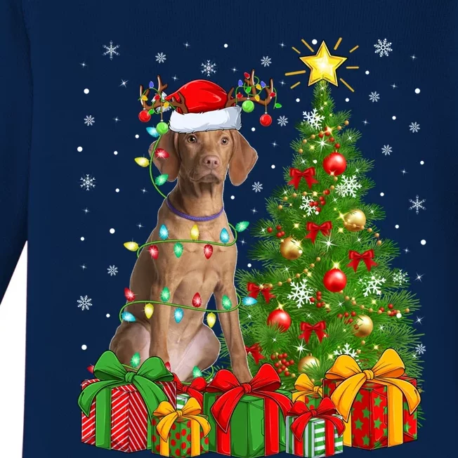 Xmas Holiday Lights Santa Vizsla Dog Christmas Tree Gift Baby Long Sleeve Bodysuit