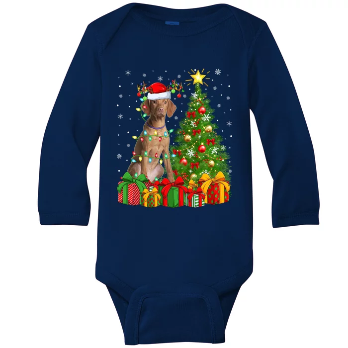 Xmas Holiday Lights Santa Vizsla Dog Christmas Tree Gift Baby Long Sleeve Bodysuit