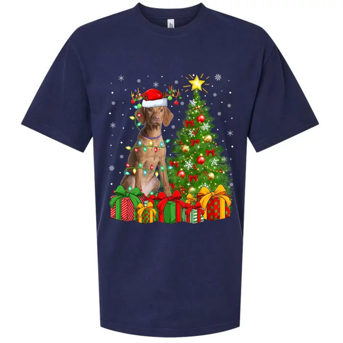 Xmas Holiday Lights Santa Vizsla Dog Christmas Tree Gift Sueded Cloud Jersey T-Shirt