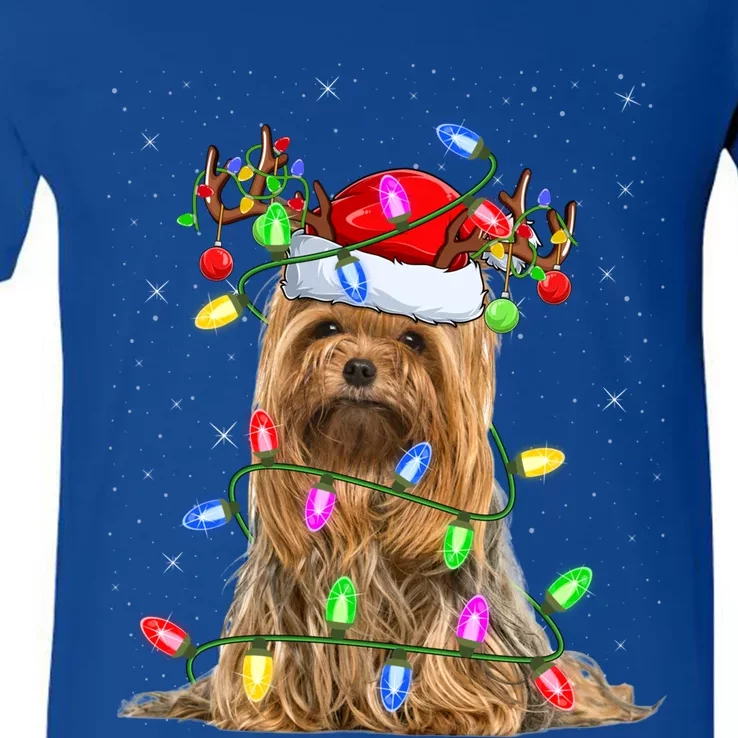 Xmas Holiday Lighting Santa Yorkshire Terrier Dog Christmas Great Gift V-Neck T-Shirt