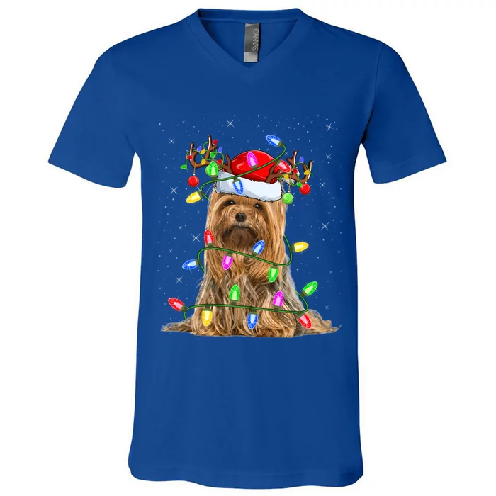 Xmas Holiday Lighting Santa Yorkshire Terrier Dog Christmas Great Gift V-Neck T-Shirt