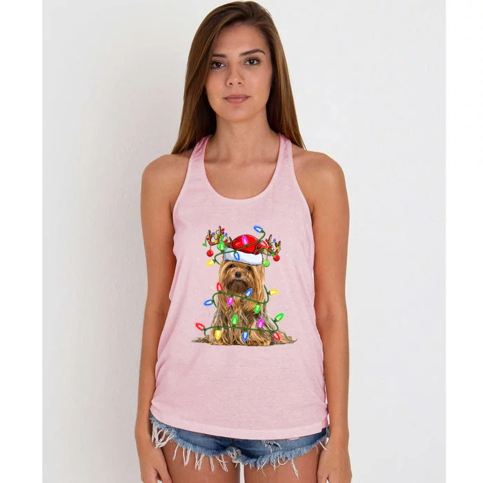 Xmas Holiday Lighting Santa Yorkshire Terrier Dog Christmas Great Gift Women's Knotted Racerback Tank