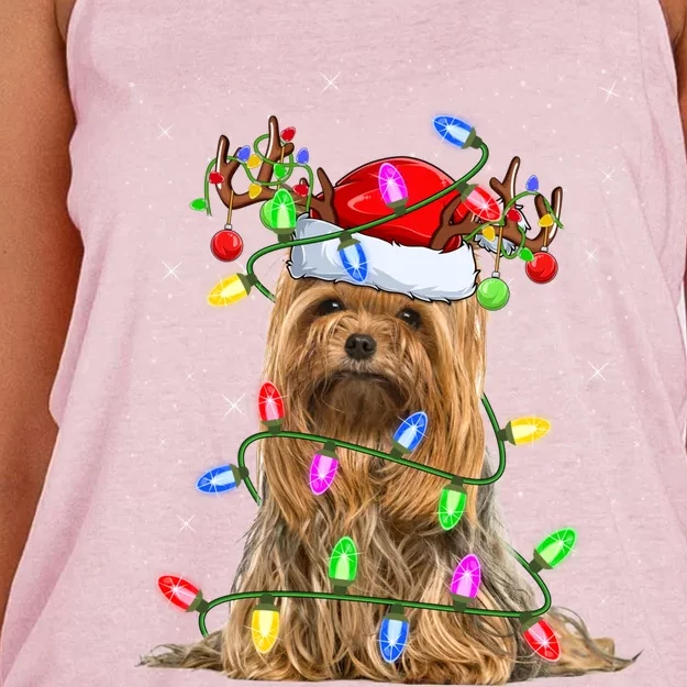 Xmas Holiday Lighting Santa Yorkshire Terrier Dog Christmas Great Gift Women's Knotted Racerback Tank