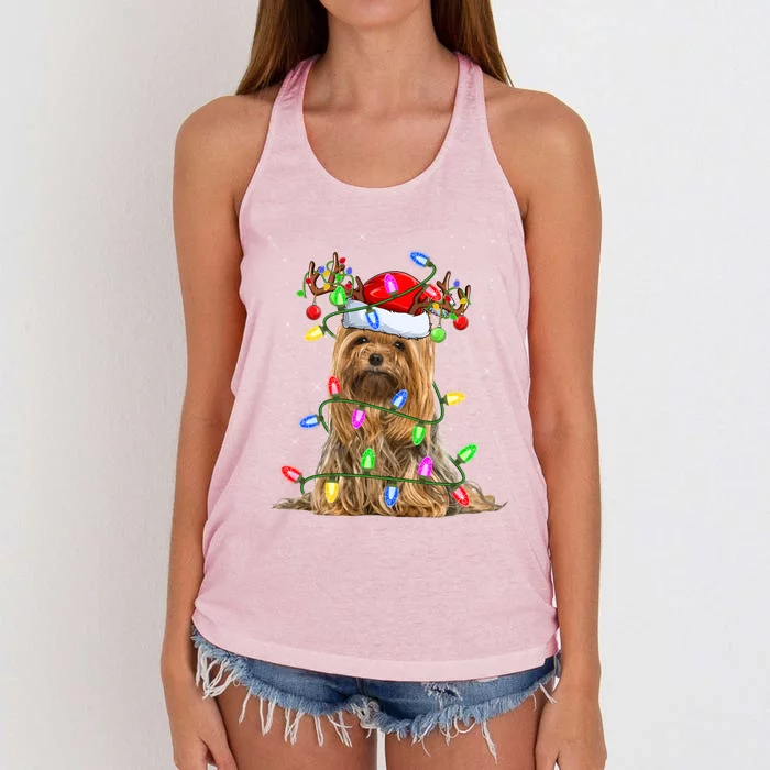 Xmas Holiday Lighting Santa Yorkshire Terrier Dog Christmas Great Gift Women's Knotted Racerback Tank