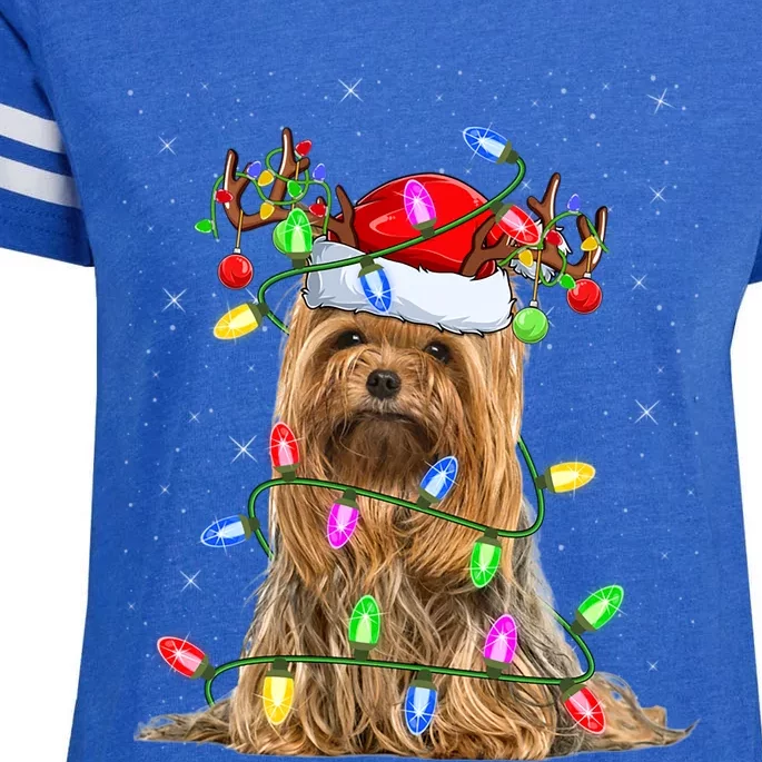 Xmas Holiday Lighting Santa Yorkshire Terrier Dog Christmas Gift Enza Ladies Jersey Football T-Shirt