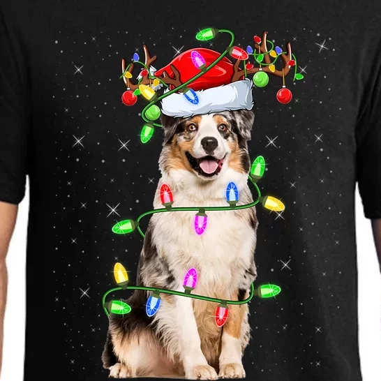 Xmas Holiday Lights Santa Australian Shepherd Dog Christmas Gift Pajama Set