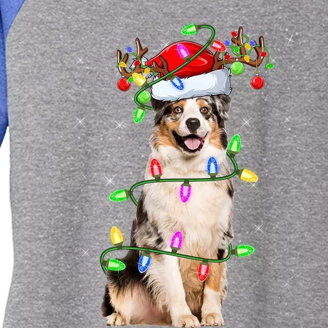 Xmas Holiday Lights Santa Australian Shepherd Dog Christmas Gift Women's Tri-Blend 3/4-Sleeve Raglan Shirt