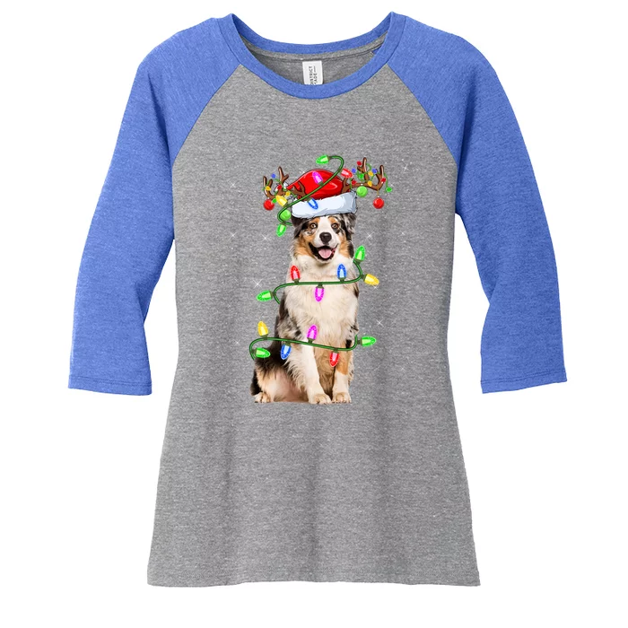 Xmas Holiday Lights Santa Australian Shepherd Dog Christmas Gift Women's Tri-Blend 3/4-Sleeve Raglan Shirt