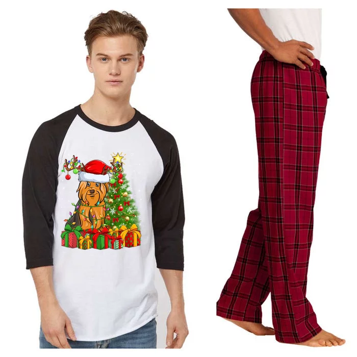 Xmas Holiday Santa Yorkshire Terrier Dog Christmas Tree Gift Raglan Sleeve Pajama Set