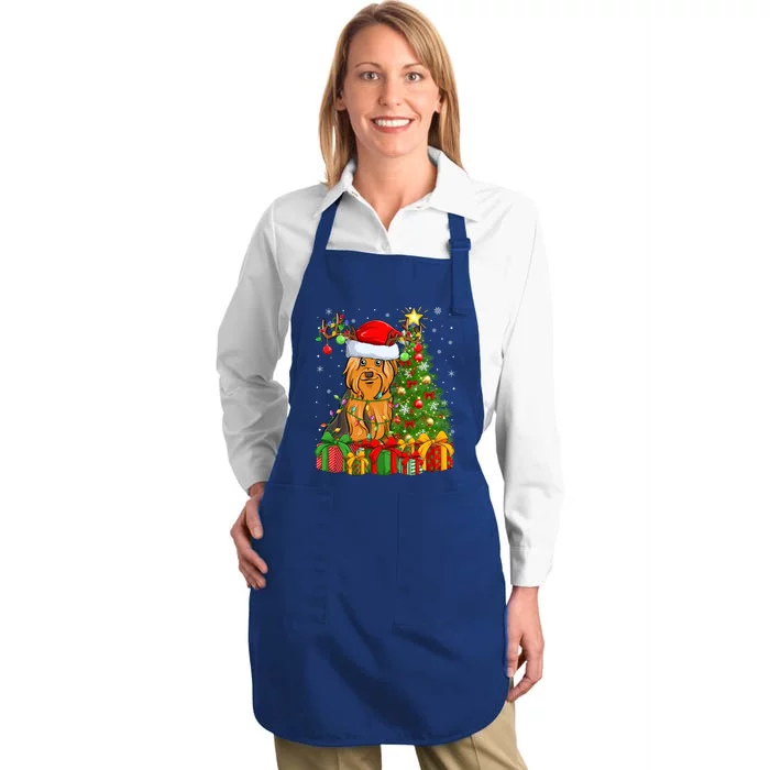 Xmas Holiday Santa Yorkshire Terrier Dog Christmas Tree Gift Full-Length Apron With Pocket