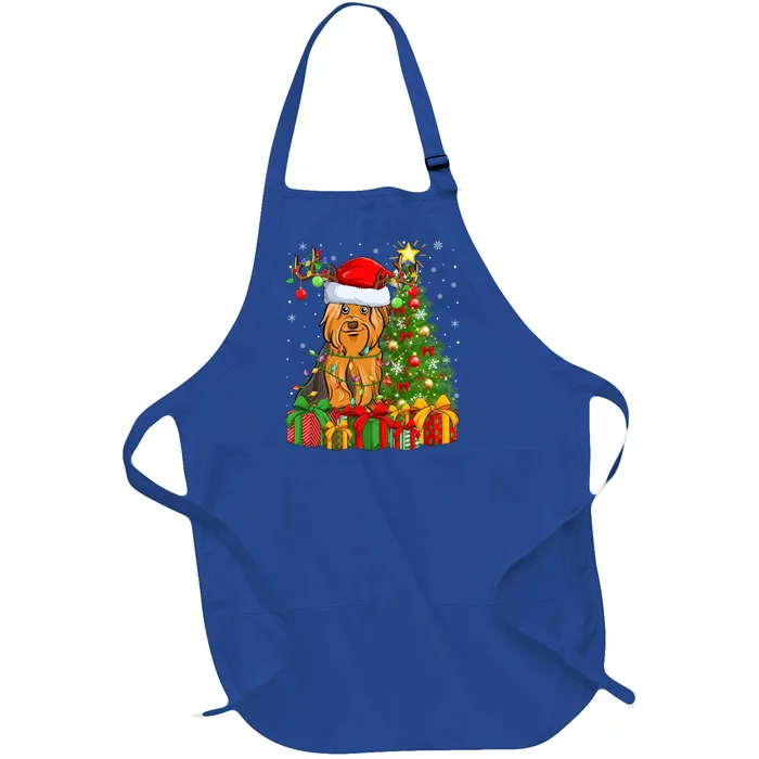 Xmas Holiday Santa Yorkshire Terrier Dog Christmas Tree Gift Full-Length Apron With Pocket