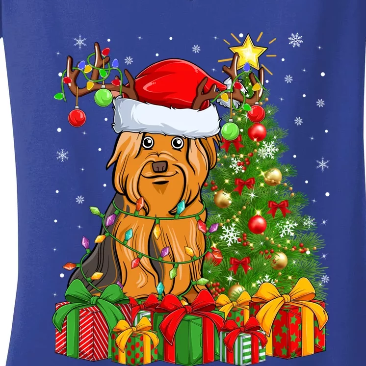 Xmas Holiday Santa Yorkshire Terrier Dog Christmas Tree Gift Women's V-Neck T-Shirt