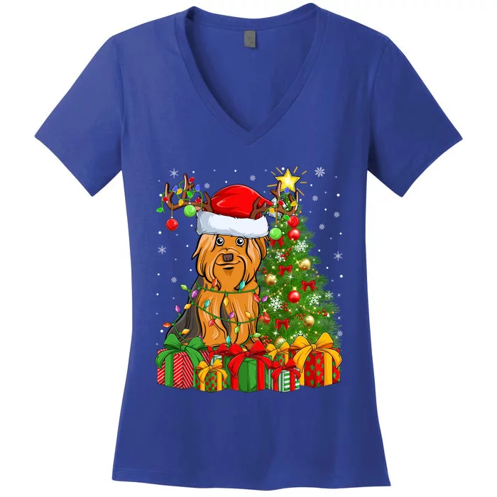 Xmas Holiday Santa Yorkshire Terrier Dog Christmas Tree Gift Women's V-Neck T-Shirt