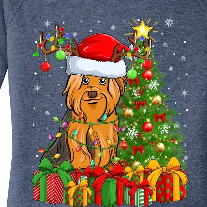 Xmas Holiday Santa Yorkshire Terrier Dog Christmas Tree Gift Women's Perfect Tri Tunic Long Sleeve Shirt