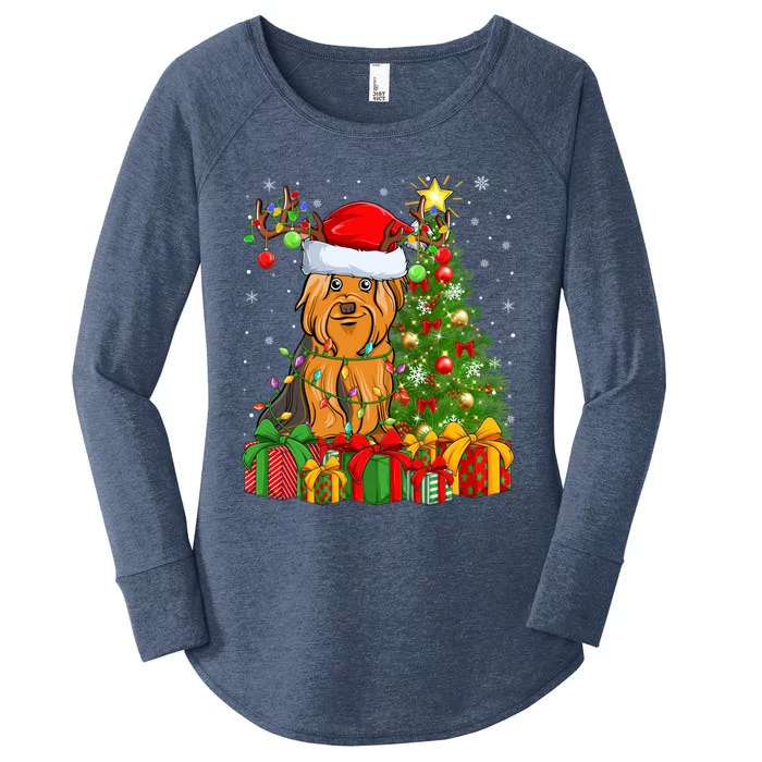 Xmas Holiday Santa Yorkshire Terrier Dog Christmas Tree Gift Women's Perfect Tri Tunic Long Sleeve Shirt