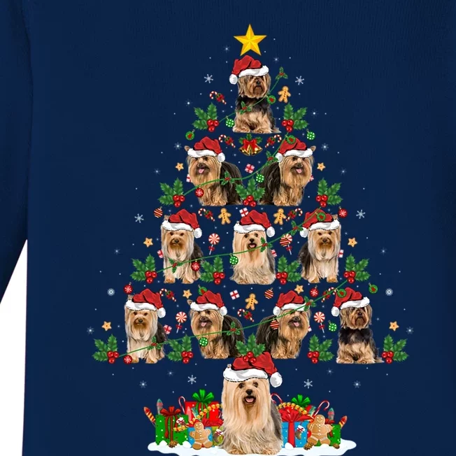 Xmas Holiday Santa Yorkshire Terrier Dog Christmas Tree Gift Baby Long Sleeve Bodysuit