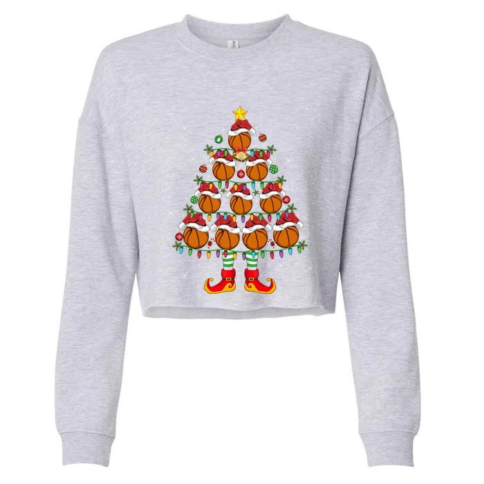 Xmas Holiday Santa Lights Basketball Christmas Tree Gift Cropped Pullover Crew