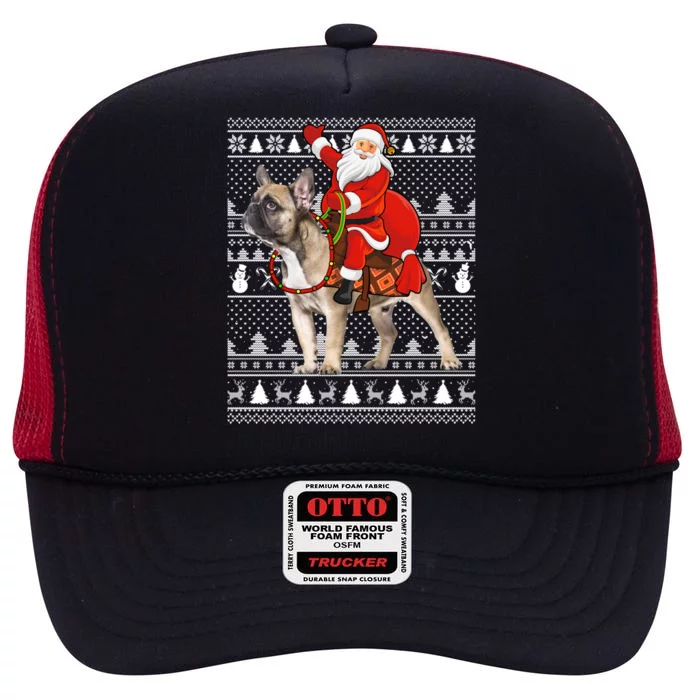 Xmas Holiday Ugly Santa Riding French Bulldog Christmas Gift High Crown Mesh Trucker Hat