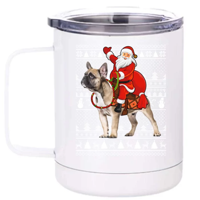 Xmas Holiday Ugly Santa Riding French Bulldog Christmas Gift Front & Back 12oz Stainless Steel Tumbler Cup