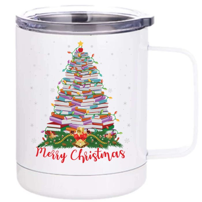 Xmas Light Book Lover Librarian Library Books Christmas Tree Front & Back 12oz Stainless Steel Tumbler Cup