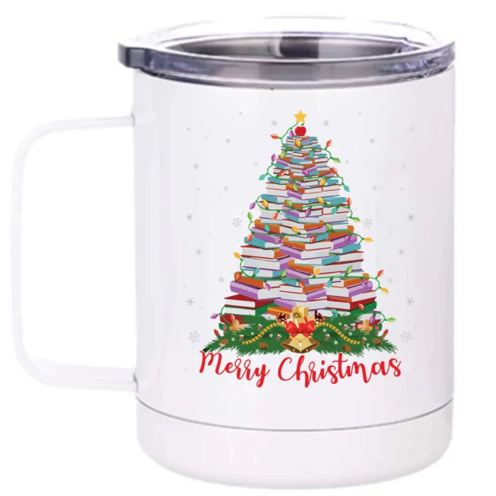 Xmas Light Book Lover Librarian Library Books Christmas Tree Front & Back 12oz Stainless Steel Tumbler Cup